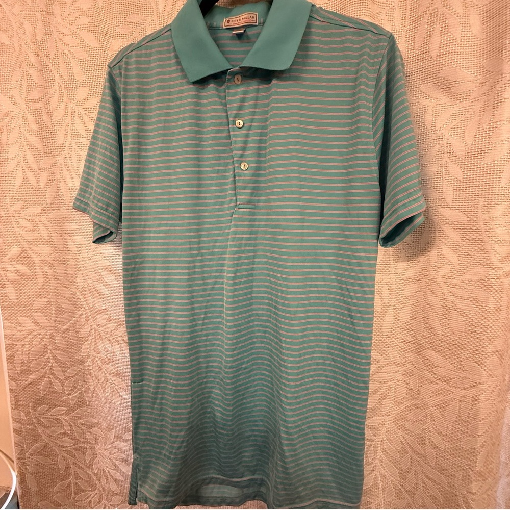 Peter Millar Men's Teal and White Striped Polo